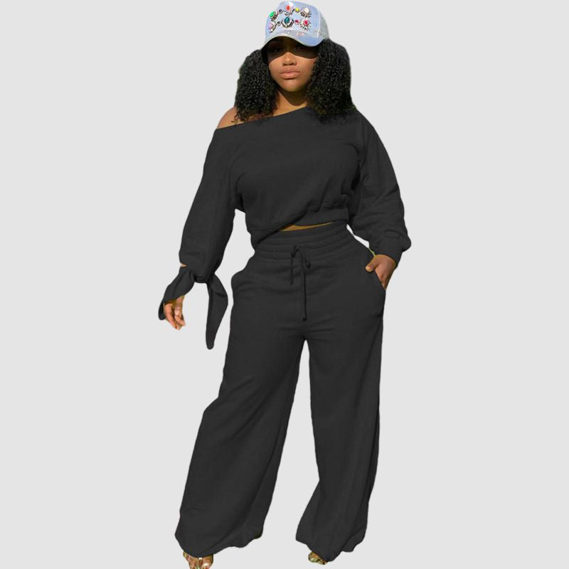 Off-shoulder Wide Leg Pant Set Wine / L