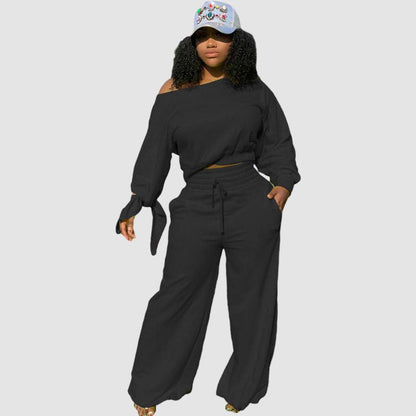 Off-shoulder Wide Leg Pant Set Wine / L