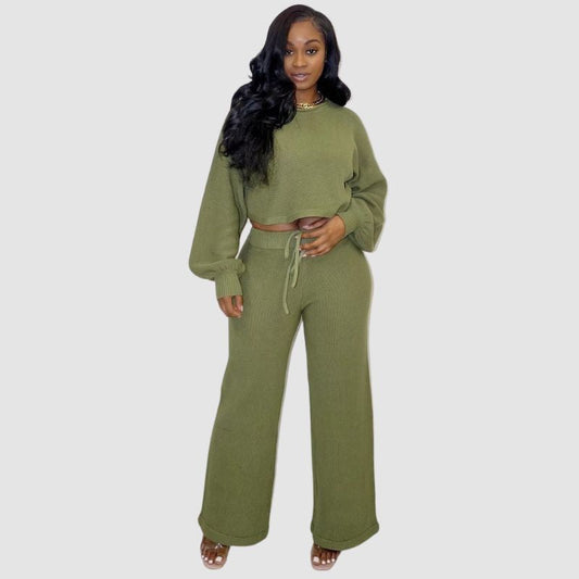 Simple Solid Color knit Set Green / S