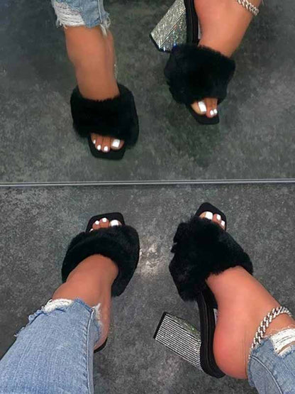 Rhinestone Chunky Heel Furry Sandal Yellow / 6