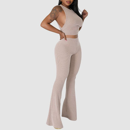 Solid Color Ribbed Knit Vest Set Orange / 2XL