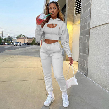 Hollow Out Hoodies & Drawstring Waist Pant Set Pink / 2XL