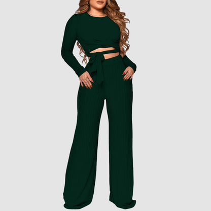 Ribbed Knit Tie-up Top & Wide Leg Pant Set Black / 2XL