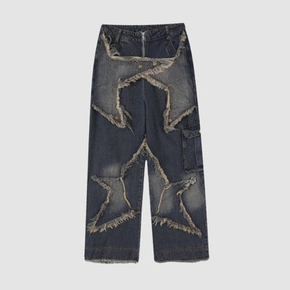 Star Pattern Frayed Patchwork Jeans Blue / S