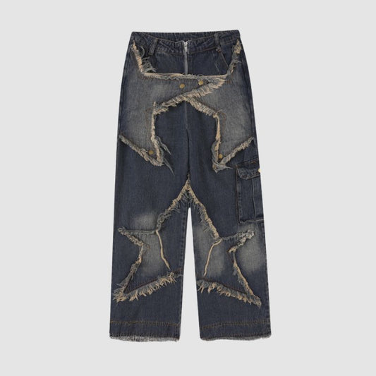 Star Pattern Frayed Patchwork Jeans Blue / S