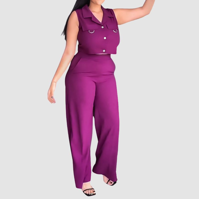 Solid Color Vest & Straight Leg Pants Set Black / S