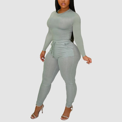 Solid Color Bodycon Two Pices set Khaki / XL