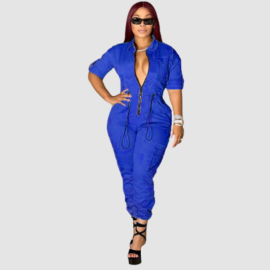 Pocket Patch Cargo Jumpsuits Blue / S