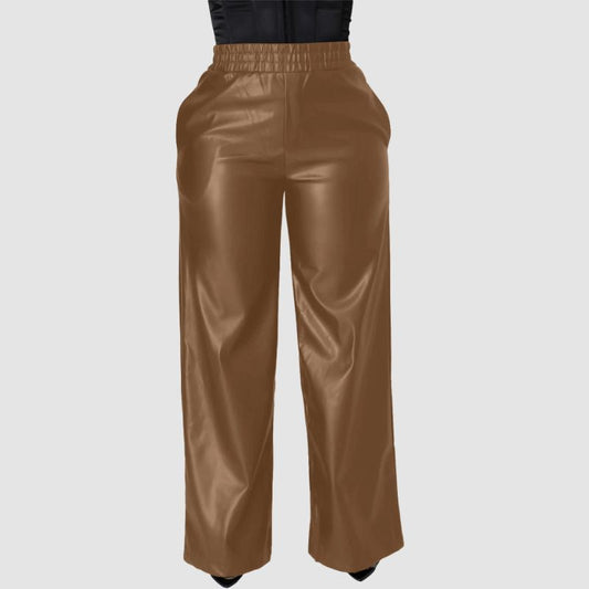 Solid Color Wide Leg PU Leather Pants Brown / S