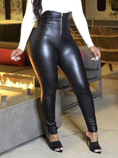 PU Leather Zipper Up Pants Black / M