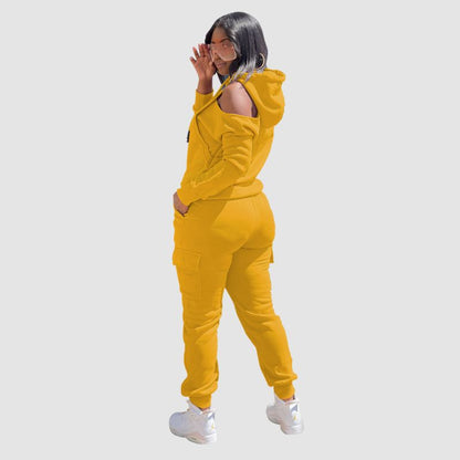 Off Shoulder Hoodies & Pocket Patchwork Pant Set Red / S