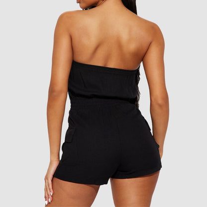 Off Shoulder Tube Top Cargo Romper Red / M