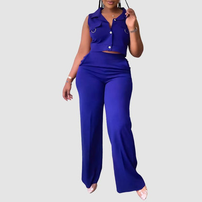 Solid Color Vest & Straight Leg Pants Set Black / M