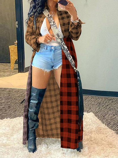 Plaid Turndown Collar Dresses Coat Yellow / M