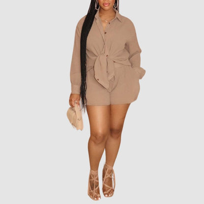 Solid Color Casual Shirts & Shorts Set Rose / S