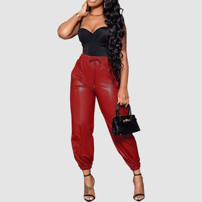 Solid Color Drawstring PU Pants Black / XL