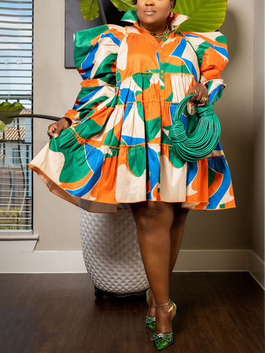 All Over Print Puff Sleeve Shirt Mini Dress Green Orange / L