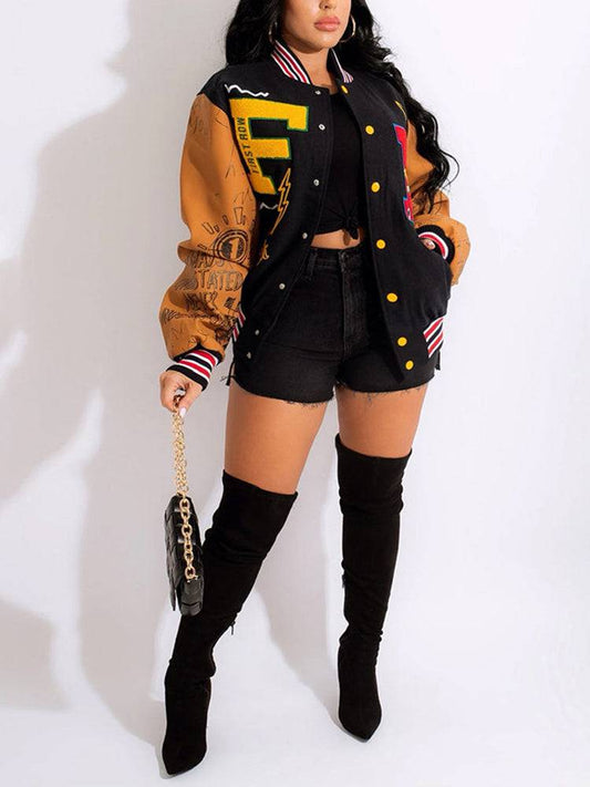 Printed Color Block Baseball Jacket Yellow / M