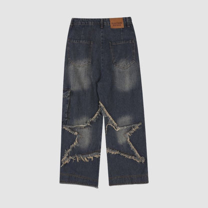 Star Pattern Frayed Patchwork Jeans Blue / M