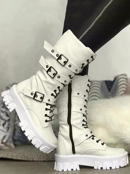 Eyelet Buckled Zipper Platform Boots White / 6.5/7