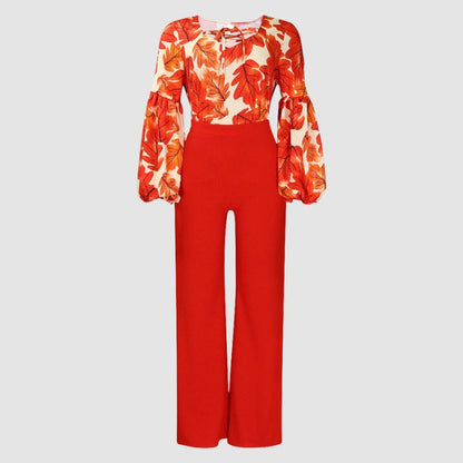 Flower Printed Wide Leg Pant Set Orange / 3XL