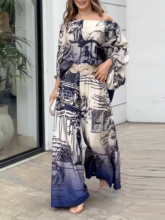 Printed Loose Puff Sleeves Off-the-shoulder Two-Piece Sets Pants Blouses BLUE / S