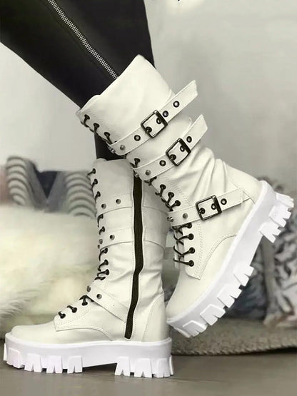 Eyelet Buckled Zipper Platform Boots White / 6