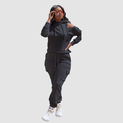 Off Shoulder Hoodies & Pocket Patchwork Pant Set Yellow / L