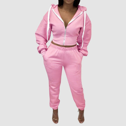 Solid Color Zip Hoodies Pant Set Pink / S