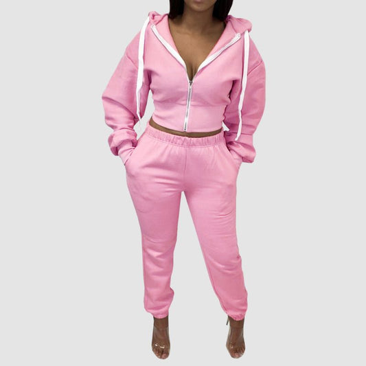 Solid Color Zip Hoodies Pant Set Pink / S