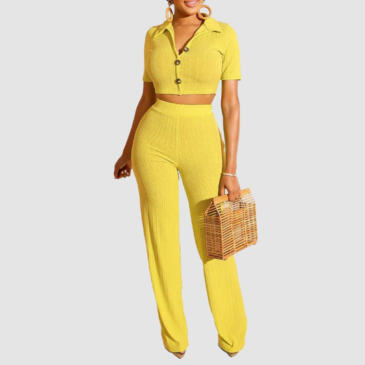 Lapel Crop Top & Long Pant Set Yellow / S