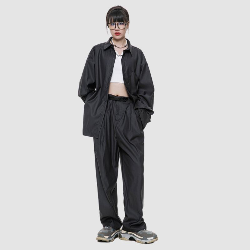 Loose Simple Shirt Set Pants / Grey / L