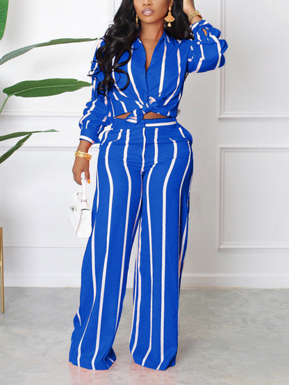 Striped Shirt Wide Pants Set Blue / 2XL