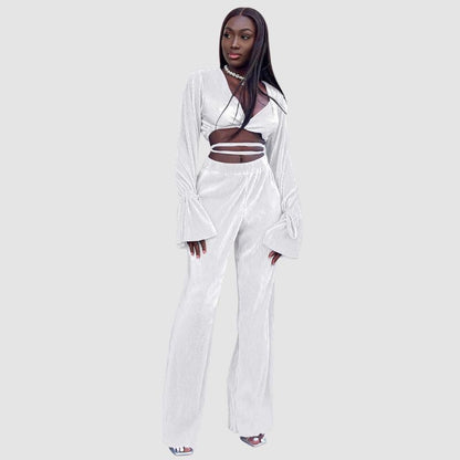 V-Neck Tie Up Top & Pleated Wide Leg Pant Set Yellow / L