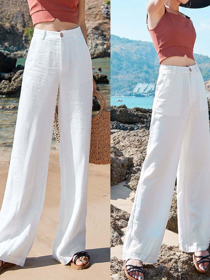 Plain High Waisted Button Pants White / L