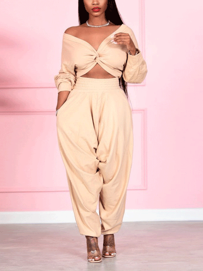 Crop Cross Top & Track Pants 2PC Set Gray / S