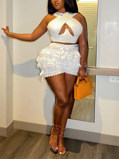 Ruffle Bow Lace Shorts White / L