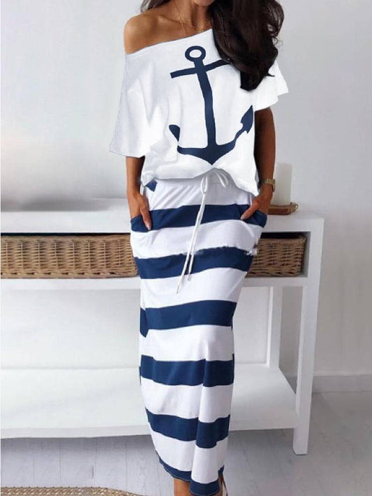 Print Off Shoulder Striped Skirt Set White / S