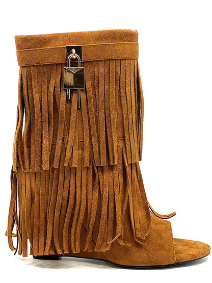 Fringe Open Toe Suede Boots Black / 8.5