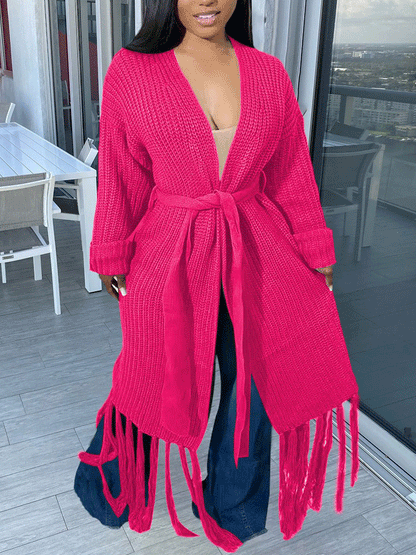 Knit Tassels With Belt Cardigan Wine Red / M