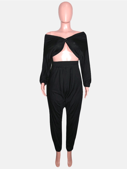 Crop Cross Top & Track Pants 2PC Set Black / L