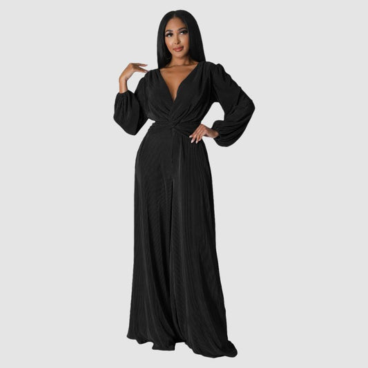 Pleated Long Sleeve Jumpsuits Black / S