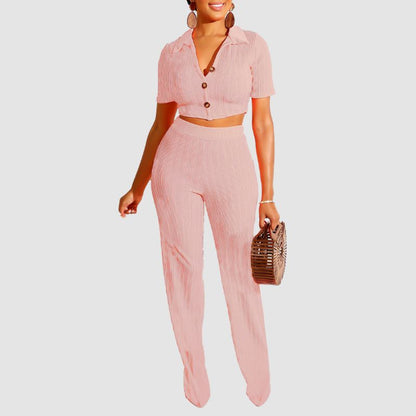 Lapel Crop Top & Long Pant Set Green / S