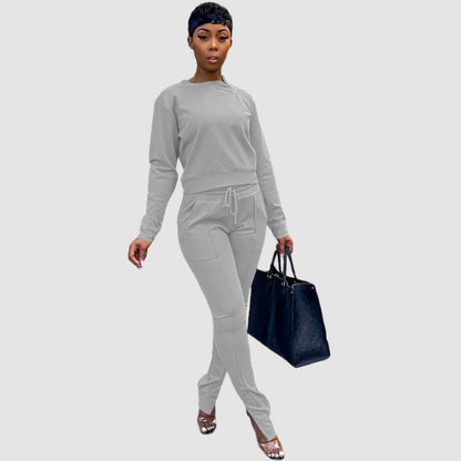 Crew Neck Top & Slit Pant Set Brown / XL