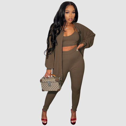 Solid Color Casual Pants Three Piece Set Orange / XL