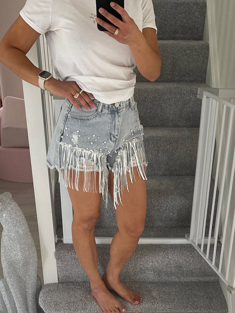 Sequin Tassel Pearl Denim Shorts Blue / 2XL