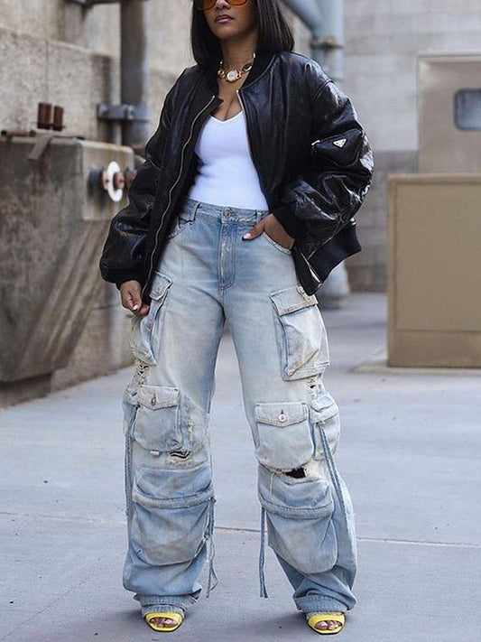 Ripped Pockets Cargo Jeans Light Blue / S
