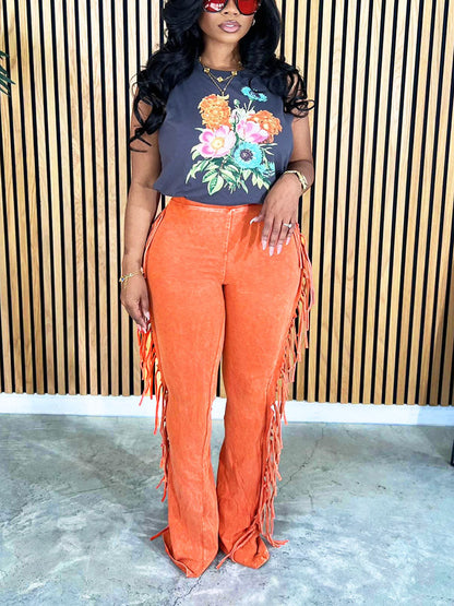 Washed Fringe Flare Pants Orange / S