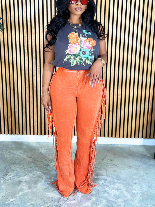 Washed Fringe Flare Pants Orange / S