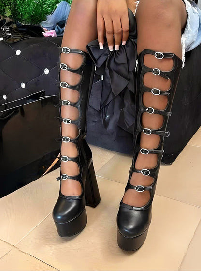 Leather Buckle-Strap Platform Boots Black / 6.5/7